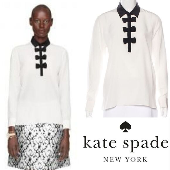 kate spade Tops - Kate Spade Bow Placket 100% Silk Long Sleeve Go Fly a Kite Collared Blouse Top S